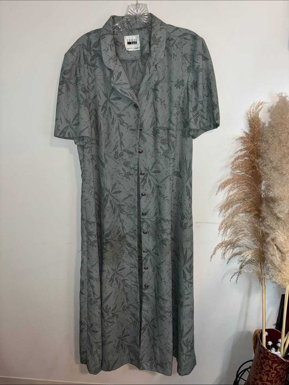 Leslie Fay Sage Green Floral Button-Front Midi Dress